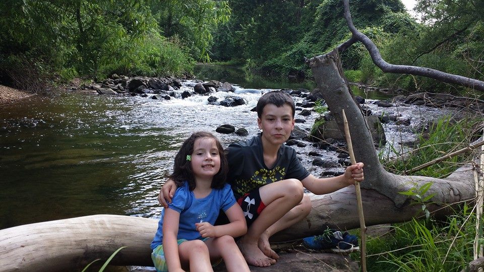Two kids sitting on a log over a river