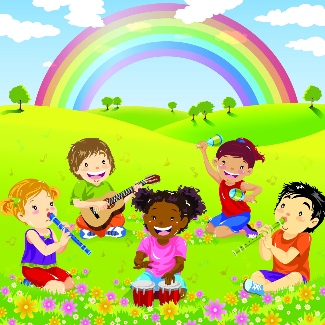 A cartoon image of children playing musical instruments on a grass field with a rainbow in the back